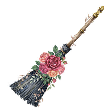 A decorative broom features vibrant floral embellishments, creating a harmonious blend of rustic and natural elements. The arrangement of roses adds a touch of elegance.