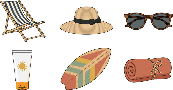 Summer beach vacation clipart collection featuring deck chair sun hat sunglasses surfboard towel and sunscreen vector illustration set