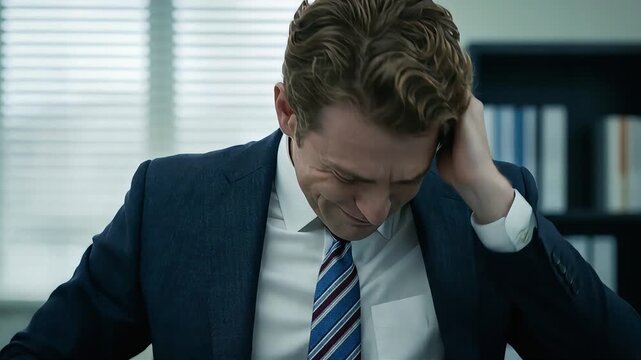 A businessman with his face covered in the office, harboring deep worries.
