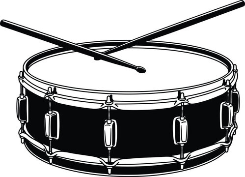 Snare drum with drumsticks vector illustration &ndash; percussion instrument clipart, music band element, black and white drum icon for design use