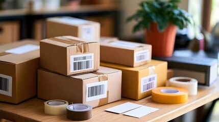 Naklejka premium Stacked cardboard shipping boxes with barcode labels and rolls of packing tape arranged on a wooden surface