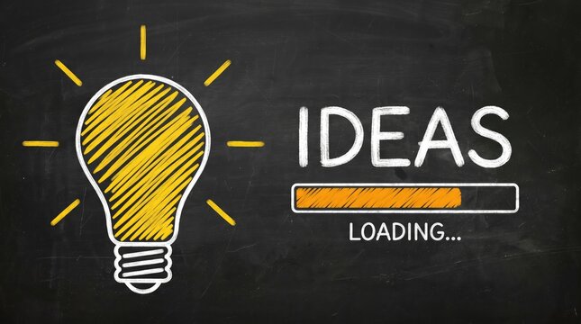 Light bulb with loading ideas on blackboard background