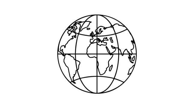 Globe map vector icon, clean black line illustration of Earth with continents, equator and curved grid, minimalist scalable outline for worldwide travel, education and geography designs