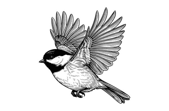 Black and white chickadee bird vector illustration in flight pose