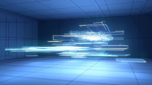 Holographic Display Fabrication Lab with Layered Light Projections in a Futuristic Room Featuring Technology, Innovation, Science with Digital Art