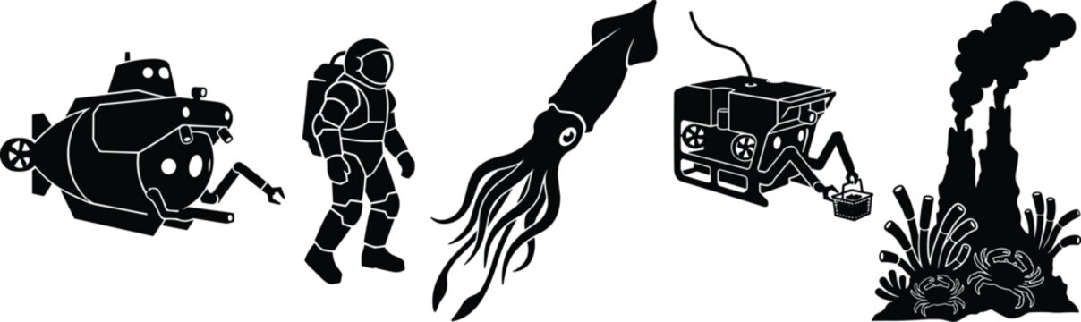 Deep Sea Exploration and Marine Research Icon Set Featuring Submersible Robot and Squid