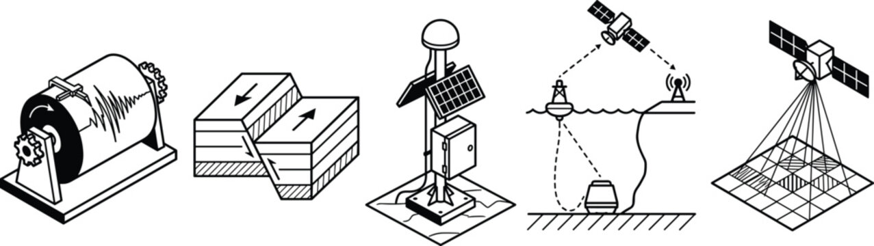 Geological Monitoring and Seismic Survey Equipment Set Featuring Seismograph Tectonic Fault and Satellite Technology