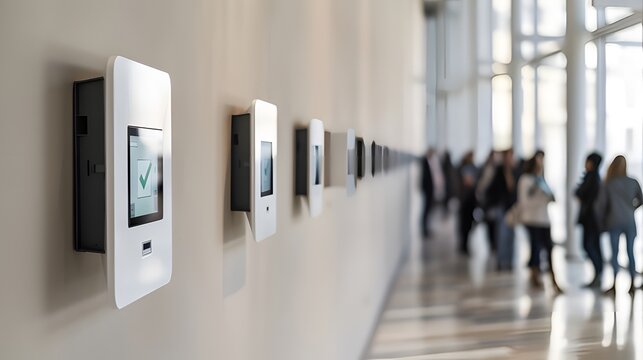 Close-up photography of a wall interactive tablet display showcasing green check mark during digital referendum.