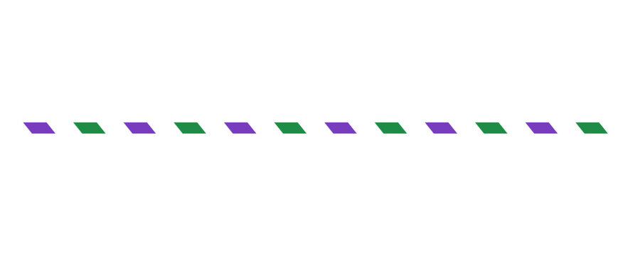 A horizontal row of alternating purple and green parallelogram shapes, isolated on a white background, forming a dashed line pattern