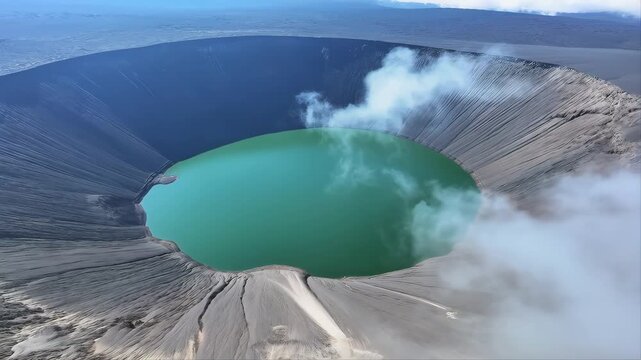 Volcano Crater with Turquoise Water and Steam Rising From It, Aerial View of a Natural Geological Formation