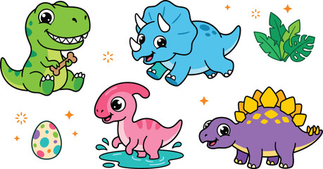Naklejka premium Cute dinosaur clipart collection featuring cartoon dinosaurs eggs plants and prehistoric animals for kids vector illustration set