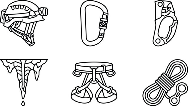 Rock Climbing and Mountaineering Equipment Set Featuring Helmet Harness Rope and Climbing Gear Icons
