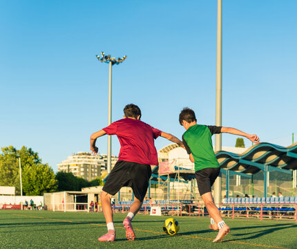 Two boys playing soccer match on green stadium pitch