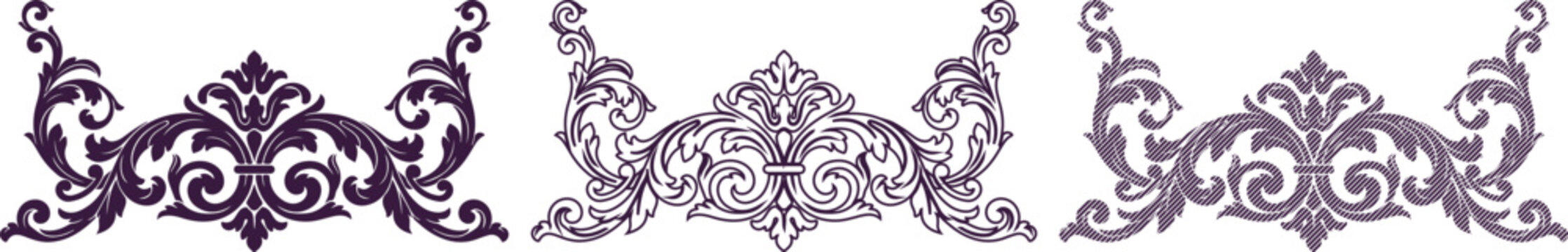 Three dark purple ornate damask flourish with filigree scrollwork and acanthus leaf patterns on a white background