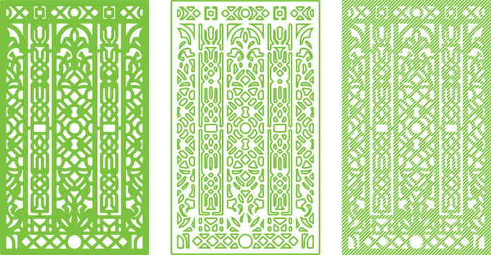 Three rectangular panels with intricate green and white geometric and floral stencil patterns, laser cut style