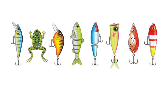 Assorted Fishing Lures And A Frog Illustration Detailed Vector Graphics On A White Background artificial bait angling bass