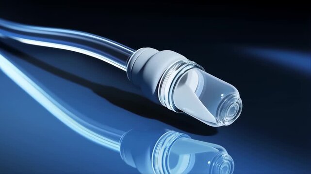 Oxygen Tube Closeup with Glowing Blue Illumination and Reflective Glass Surface, Medical Device Concept for Respiratory Therapy and Safety
