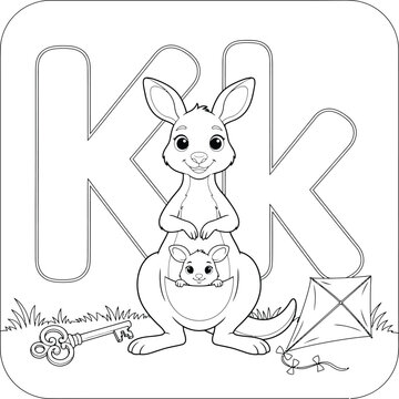 Letter k coloring page for kids featuring a cute kangaroo with baby in pouch next to key and kite line art illustration set.