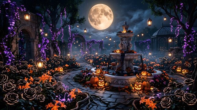 Illuminated Haunted Botanical Garden with Glowing Pumpkins and Full Moon