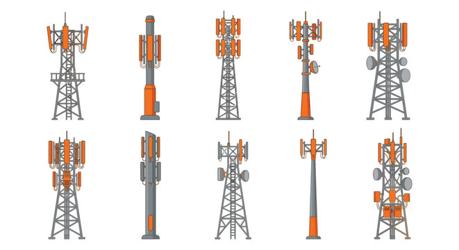 Cellular towers in various designs a vector illustration with a white background and simplified detailing cell tower mobile