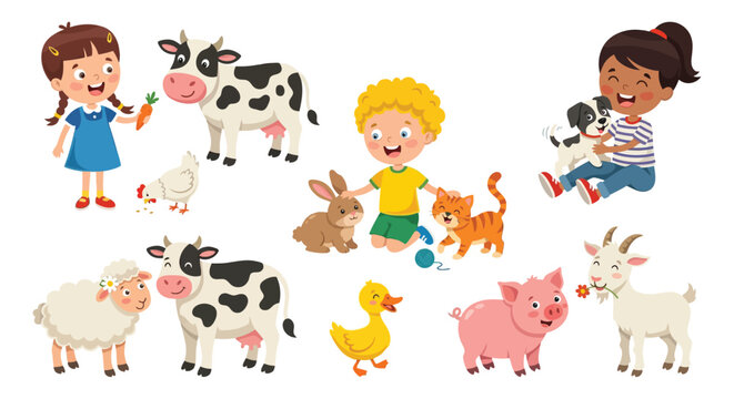 Children and farm animals vector illustration with a white background featuring kids interacting with livestock and pets adorable
