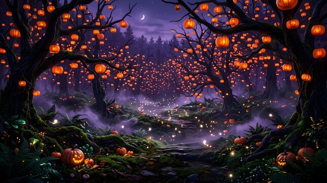 Glowing pumpkins hanging in a dark mysterious forest at night with fog