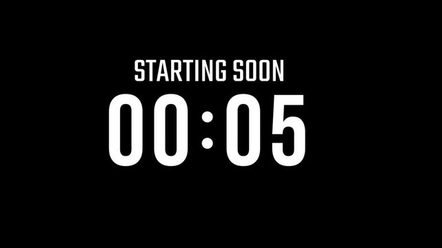Countdown timer displays the text starting soon above the numbers zero zero zero five on a solid black background, creating a minimalist graphic element for video production or digital presentation.