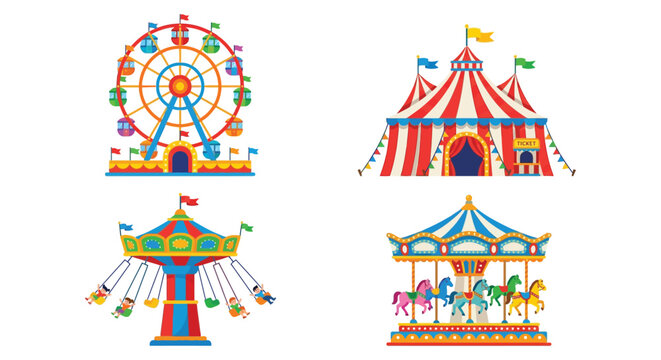 Carnival rides and big top tent vector illustration with colorful stripes and pennant flags amusement park attraction carousel