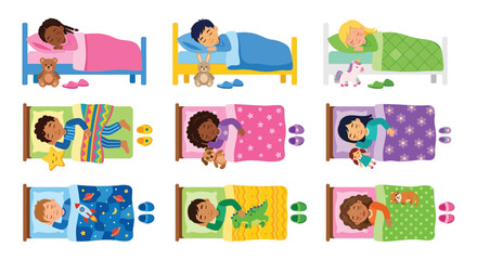 Children sleeping in beds a colorful vector illustration with varied bedding and toys sleeping children kids sleeping bedtime rest slumber