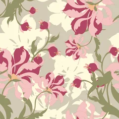 Elegant seamless botanical vector pattern featuring hand-drawn flowers and leaves for textile, home decor, and packaging. © thitiphorn
