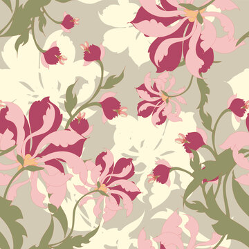 Elegant seamless botanical vector pattern featuring hand-drawn flowers and leaves for textile, home decor, and packaging.