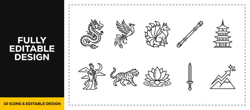 flat vector illustration line art icon bundle set design showcasing eastern mythology legendary dragon samurai warrior swords ancient asian history ninja weapons graphic UI