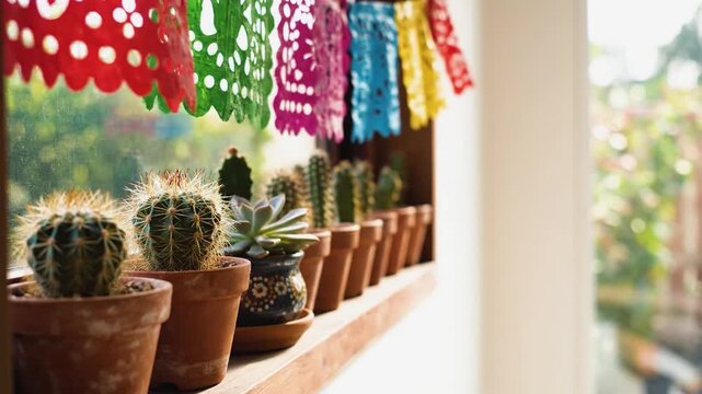 A row of various potted desert cacti sits on a wooden windowsill below colorful festive paper flags.