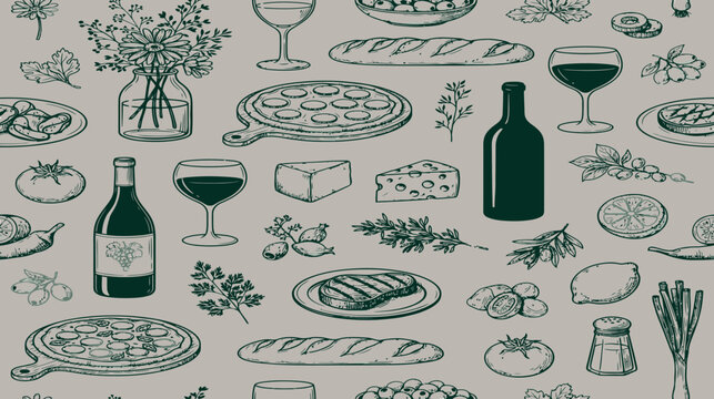 Seamless pattern of hand drawn food and drinks including wine bottles and pizza for restaurant menu design background