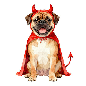 A cheerful pug dressed as a devil, ready for fun. Perfect for festive events and pet-themed illustrations.