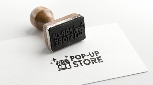 Pop-up store rubber stamp on white paper card, wooden handle stamper with black ink retail shop logo, minimalist business branding for boutique event