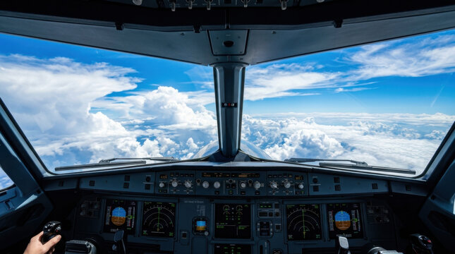 Aircraft cockpit pilot view flight deck airplane interior instrument panel cloudscape Blue sky visible through aircraft cockpit window from pilot view, flight deck with instrument panel