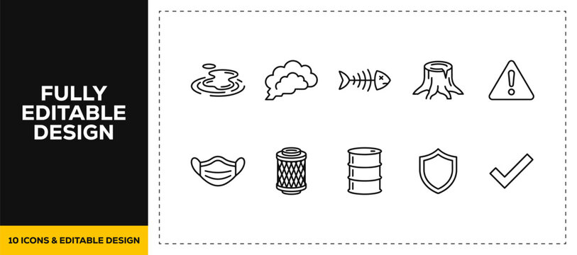 flat vector illustration line art icon bundle set design focusing on ecological environment danger biohazard alerts natural fish death toxic pollution warning graphics apps