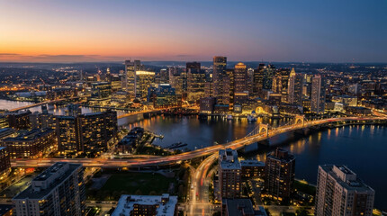 Fototapeta premium City skyline river bridge downtown skyscraper sunset aerial view night urban waterfront, glowing city lights with traffic trails along bridge and river dusk, modern downtown buildings and calm