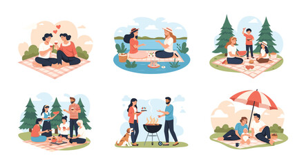 Fototapeta premium Diverse set of picnic scenes featuring families, couples, and friends enjoying food and drinks outdoors in parks and by the water.