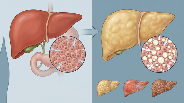 Liver fatty liver liver disease medical illustration human organ anatomy hepatocyte comparison Liver anatomy comparison showing healthy tissue and fatty liver with cell detail, educational