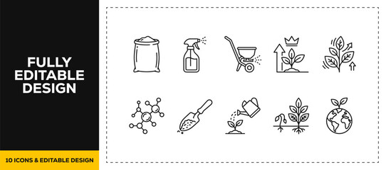 flat vector illustration line art icon bundle set design highlighting agricultural equipment wheelbarrow shovel nature farming leaf plant environment garden botanic graphic UI © Md