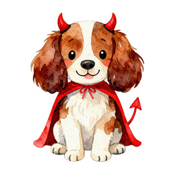 A playful devil dog character with adorable features, wearing a red cape and devil horns, perfect for a fun illustration.