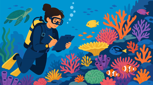 Dedicated female marine biologist in scuba gear studying vibrant colorful coral reef with clipboard underwater ocean scene fish turtle bubbles scientific research vector illustration