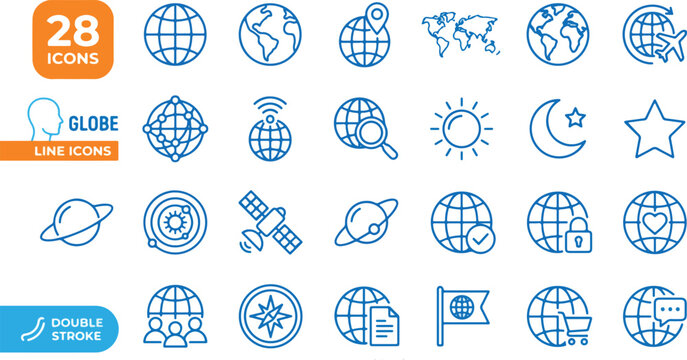Globe, world, line icons, 28 icons, space, astronomy, earth, planet, symbol set
