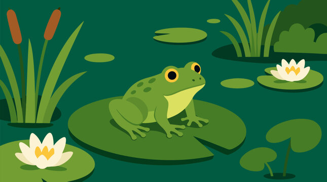 Serene vector illustration of cute green frog resting peacefully on large lily pad in tranquil emerald pond surrounded by white water lilies reeds and lush foliage creating calm nature wildlife scene