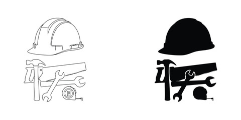 Fototapeta premium Construction safety helmet with saw and hammer icons for building industry
