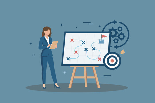 Businesswoman Strategic Planning and Goal Target Roadmap Concept Vector, Business Strategy and Tactical Planning Concept
