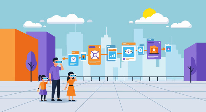 Family wearing virtual reality headsets exploring digital city interface