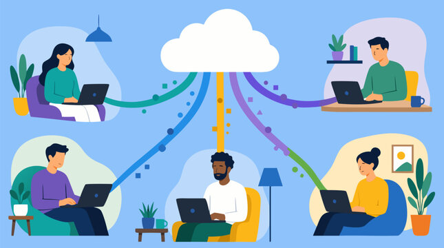 Diverse remote workers connected via colorful data streams from central cloud server using laptops in cozy home settings symbolizing digital connectivity collaboration cloud computing and modern